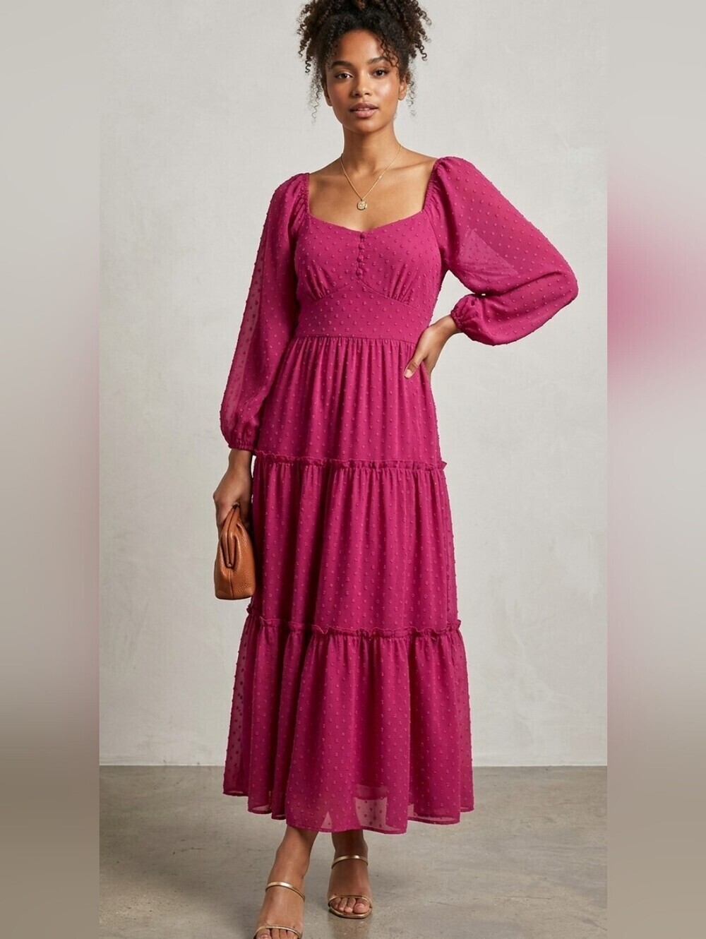 J.Crew Tiered Babydoll Dress Berry Swiss Dot Midi Prairie Ballon Sleeve Size 8